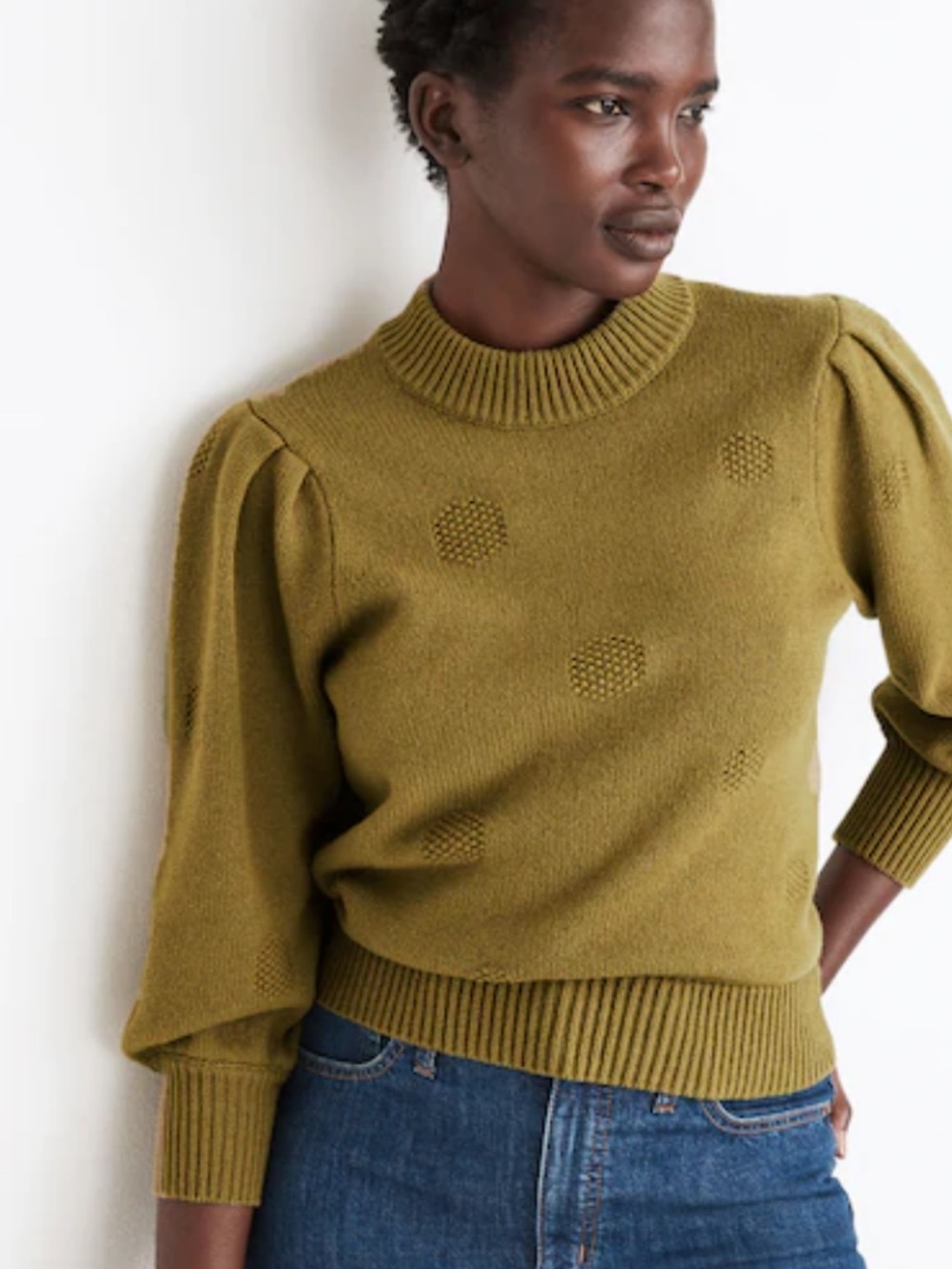 Madewell Olive Eton Puff-Sleeve Cotton and Merino Wool Sweater